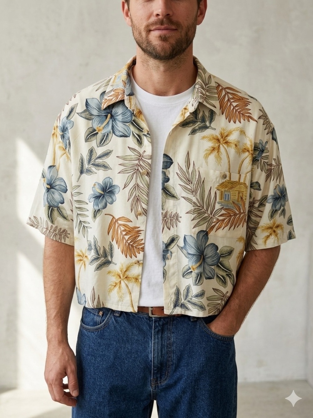 Pierre Cardin Cream Hawaiian Rayon Shirt with Blue and Mustard Floral Print